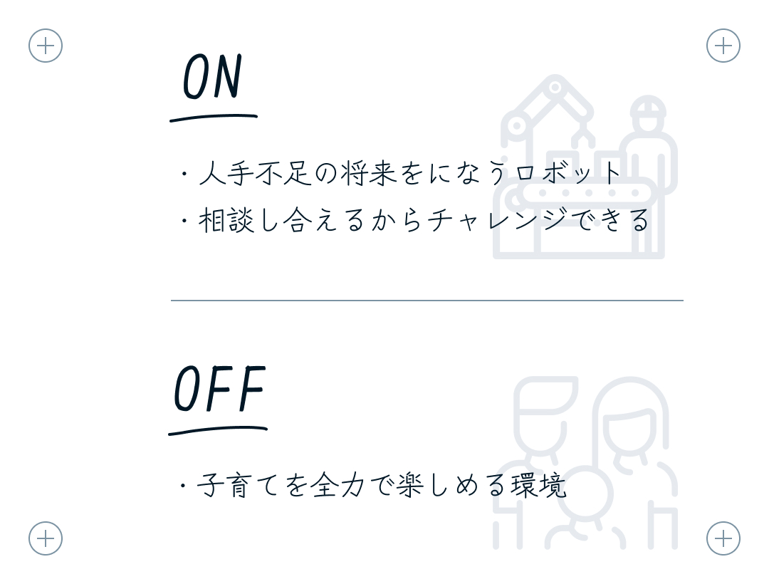 ON：・人手不足の将来をになうロボット・相談し合えるからチャレンジできる OFF：・子育てを全力で楽しめる環境